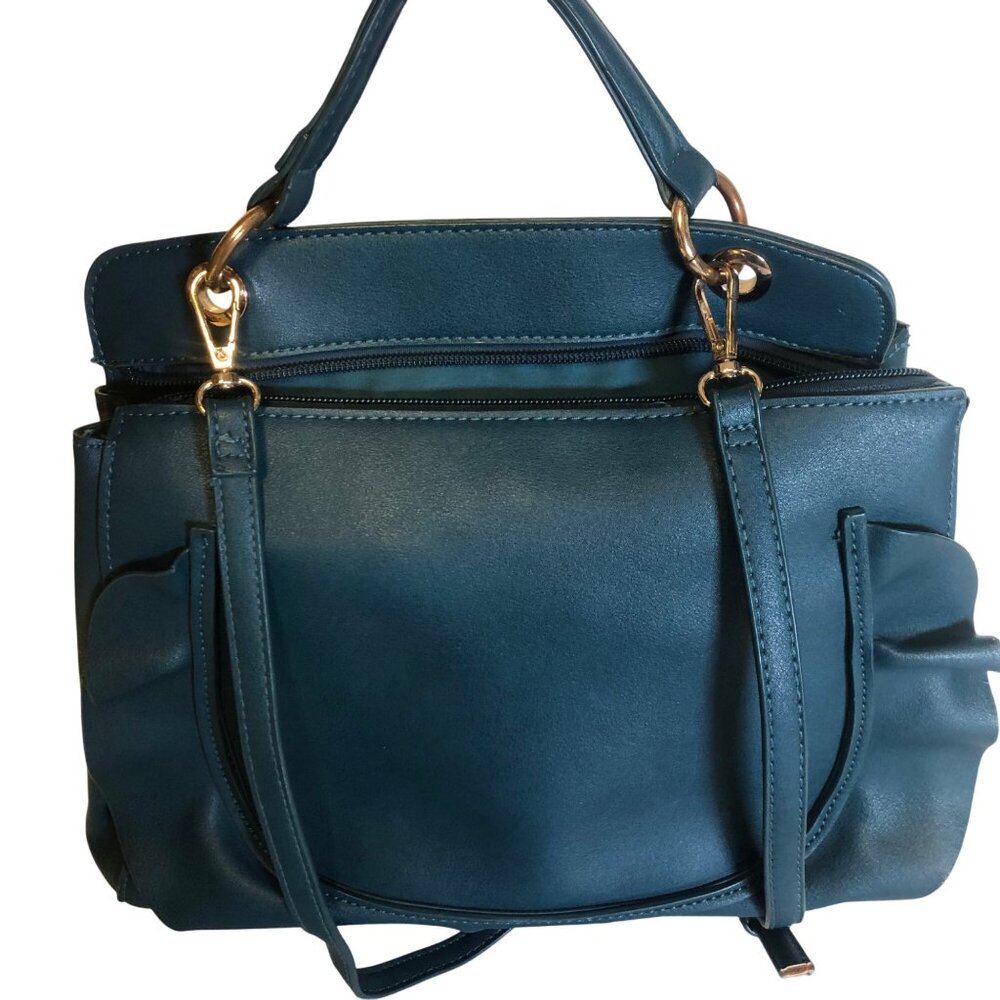 Dark Teal Green Faux Leather Ruffle Handbag Top Handle & Adjustable Strap Purse
